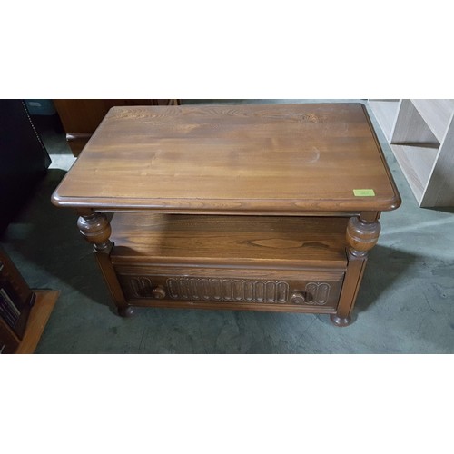 77 - Dark Wood TV Unit / Coffee Table with Drawer, Turned Uprights and Drop Leaf Corner Extension (74 x 4... 