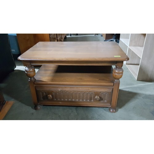 77 - Dark Wood TV Unit / Coffee Table with Drawer, Turned Uprights and Drop Leaf Corner Extension (74 x 4... 
