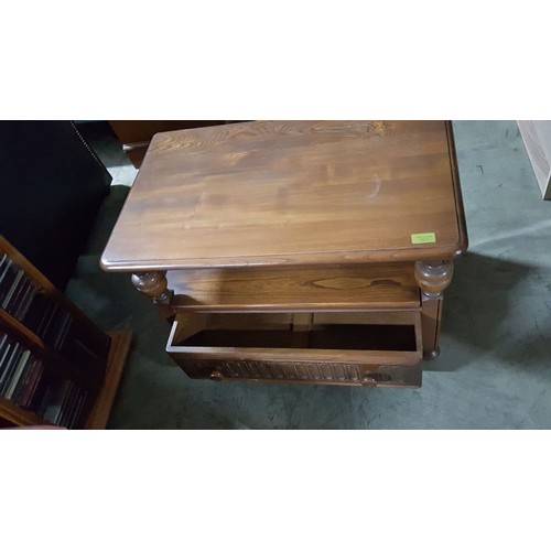 77 - Dark Wood TV Unit / Coffee Table with Drawer, Turned Uprights and Drop Leaf Corner Extension (74 x 4... 