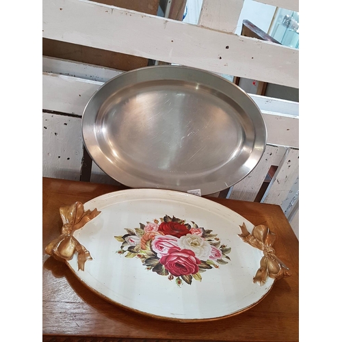 521 - Stainless Steel Large Oval Dish (49cm x 34.5cm) and Vintage Style Oval Tray (Plastic) (50 x 36.5cm)