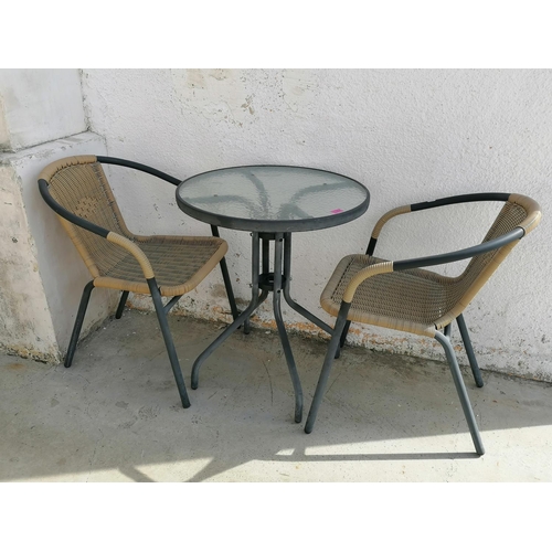 165 - Bistro Set; Round Patio  Garden Table with Glass Top (Ø: 60cm), Together with 2 x Matching Chairs wi... 