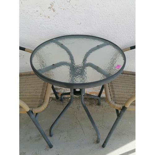 165 - Bistro Set; Round Patio  Garden Table with Glass Top (Ø: 60cm), Together with 2 x Matching Chairs wi... 