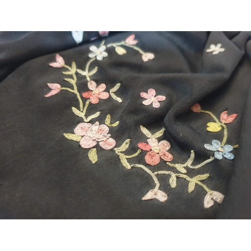 105 - Antique French Black Silk Evening Bag with Coloured Silk Embroidery Depicting Flowers [TEXT180]