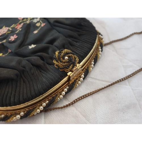 105 - Antique French Black Silk Evening Bag with Coloured Silk Embroidery Depicting Flowers [TEXT180]