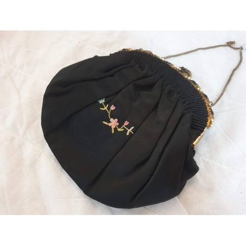 105 - Antique French Black Silk Evening Bag with Coloured Silk Embroidery Depicting Flowers [TEXT180]