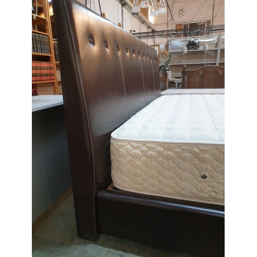 152 - Super King Size Bed with Brown Leatherette Surround and Padded Button Back Headboard with Contrastin... 