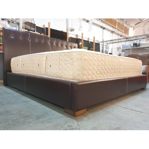 152 - Super King Size Bed with Brown Leatherette Surround and Padded Button Back Headboard with Contrastin... 