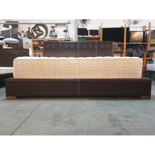 152 - Super King Size Bed with Brown Leatherette Surround and Padded Button Back Headboard with Contrastin... 