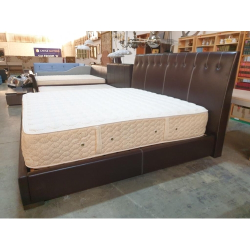 152 - Super King Size Bed with Brown Leatherette Surround and Padded Button Back Headboard with Contrastin... 