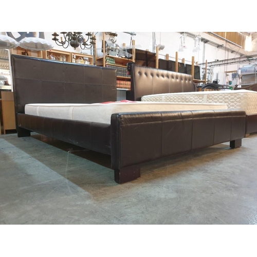 155 - King Size Bed with Brown Leatherette Surround and Headboard with Super Living Orthopaedic Mattress (... 