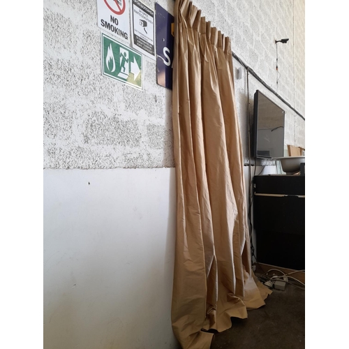 243 - 10 x Golden Brown Coloured Curtains (Material?) (L:250cm top W:93cm, Bottom W:250cm) Together with 1... 