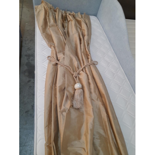 243 - 10 x Golden Brown Coloured Curtains (Material?) (L:250cm top W:93cm, Bottom W:250cm) Together with 1... 