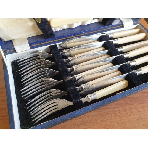 332 - Vintage Silver Plated Fish Cutlery with Sterling Silver Collars in Fitted Presentation Case, Incl. 6... 