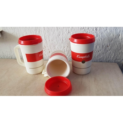 374 - 7 x Camp Bells Soul Mugs / Thermos Canisters (Plastic; 3 x Big, 2 x Small and 2 x with Lid)