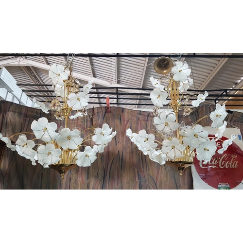 476 - Retro Style Chandelier with Floral Design (Glass / Brass Effect) *Working when Lotted / Very Good Co... 