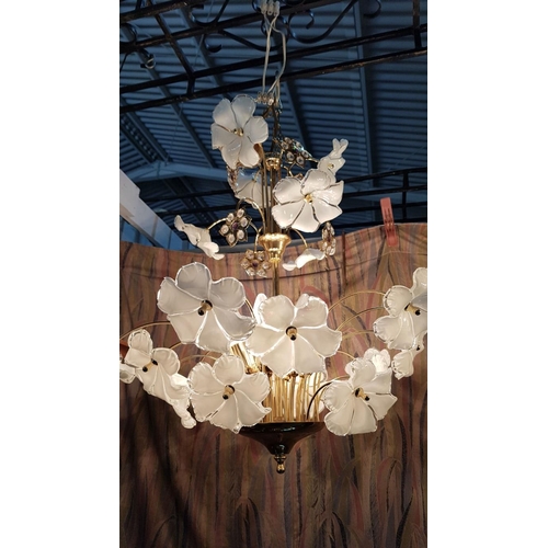 476 - Retro Style Chandelier with Floral Design (Glass / Brass Effect) *Working when Lotted / Very Good Co... 