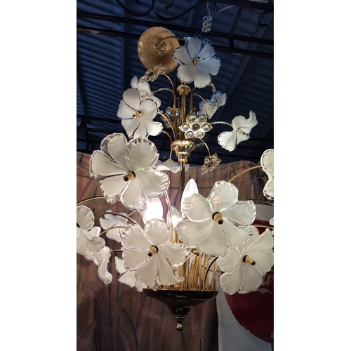 476 - Retro Style Chandelier with Floral Design (Glass / Brass Effect) *Working when Lotted / Very Good Co... 