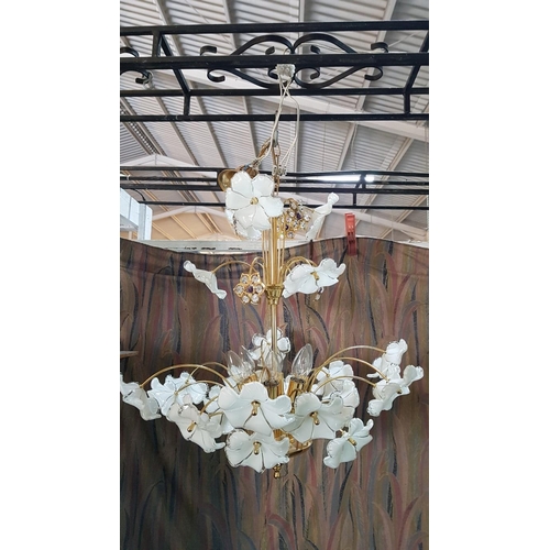 476 - Retro Style Chandelier with Floral Design (Glass / Brass Effect) *Working when Lotted / Very Good Co... 