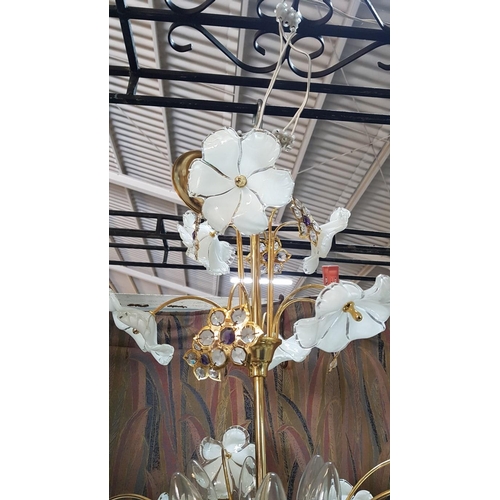 476 - Retro Style Chandelier with Floral Design (Glass / Brass Effect) *Working when Lotted / Very Good Co... 