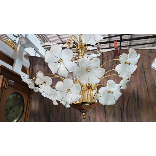 476 - Retro Style Chandelier with Floral Design (Glass / Brass Effect) *Working when Lotted / Very Good Co... 