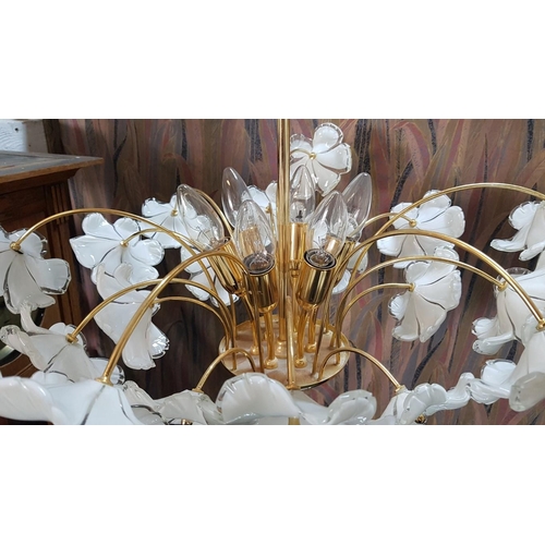 476 - Retro Style Chandelier with Floral Design (Glass / Brass Effect) *Working when Lotted / Very Good Co... 