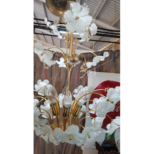 476 - Retro Style Chandelier with Floral Design (Glass / Brass Effect) *Working when Lotted / Very Good Co... 