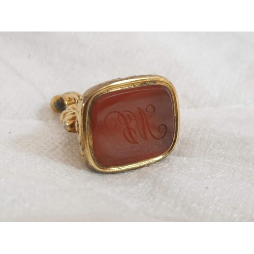 536 - Victorian Pinchbeck Seal Pendant with Cornelian Stone(?), Engraved with Initials, Circa 1880, [JLY32... 