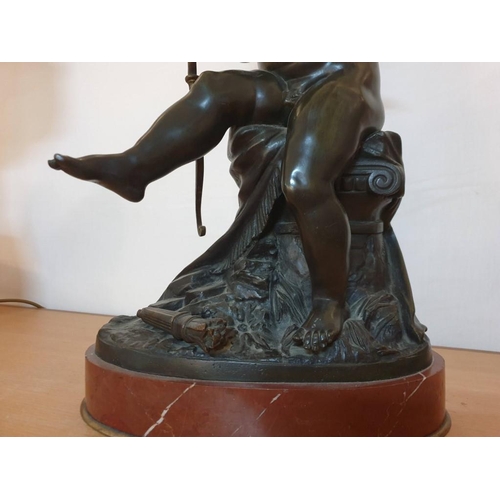 60 - French Bronze Statue of Cupid Stringing His Bow, Sitting on a Draped Column, on an Oval Marble Base,... 