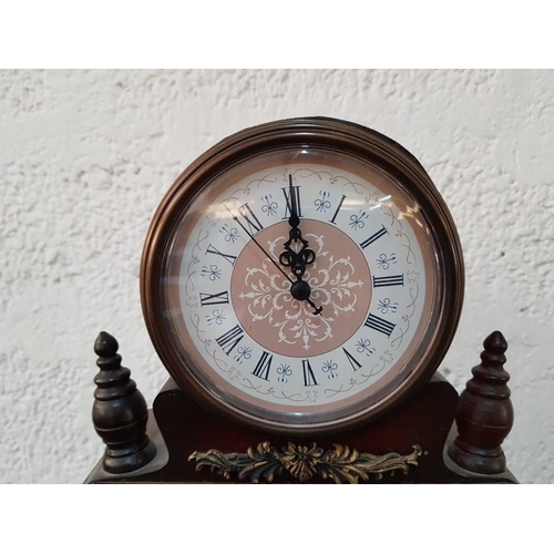 133 - Dark Wood Mantle Clock (Quartz) with Lion Over Small Drawer (H:43cm x W:12cm)