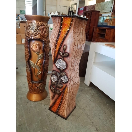 141 - Pair of Large Vase / Planters Gold Coloured with Flower Designs (H:70cm)