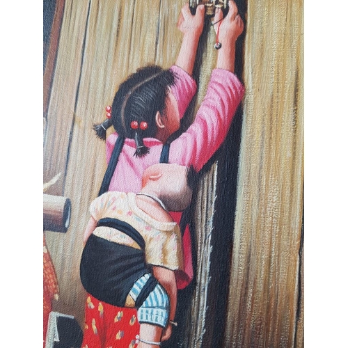 194 - Oil on Canvas of Zhen Chinese Girl with Little Brother (25 x 30cm)