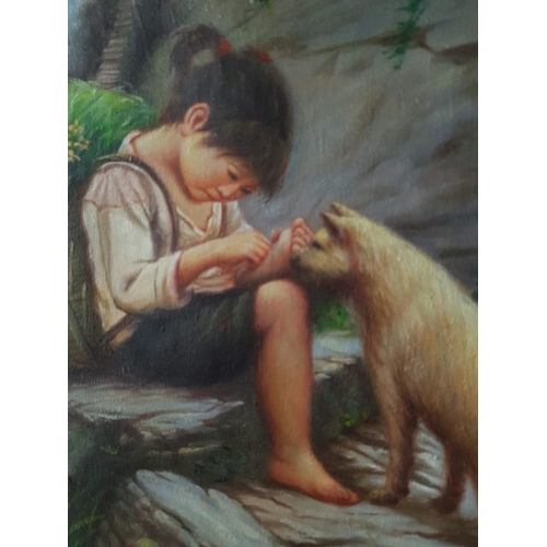 195 - Oil on Canvas of Ya-Chinese Girl with Dog (25 x 30.5cm)