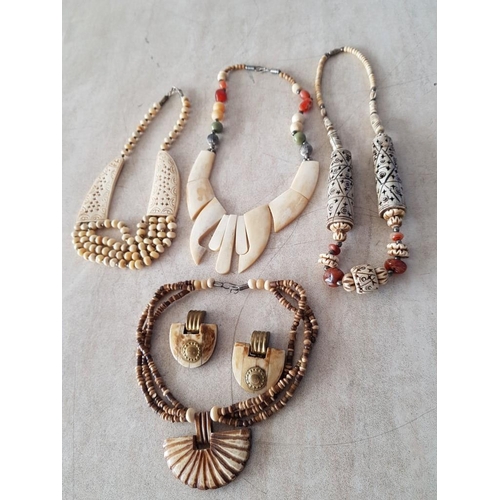 258 - Collection of Ethnic Style Jewellery (3 x Necklaces and Pair of Clip (Bone / Natural Stone / Brass /... 