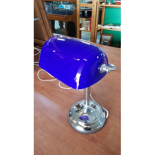 268 - Student Lamp Chrome Base and Blue Glass Lamp Shade