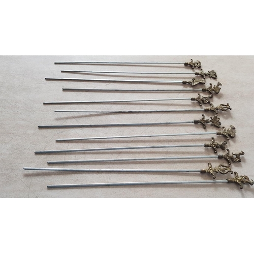 308 - 12 x Vintage BBQ / Shsih Kebab Skewers Stainless Steel Ornate Brass (Approx. 43cm Long)