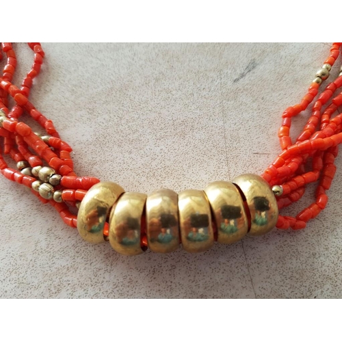 324 - Coral and Brass (?) Jewellery Art (Necklace and Matching Earrings)