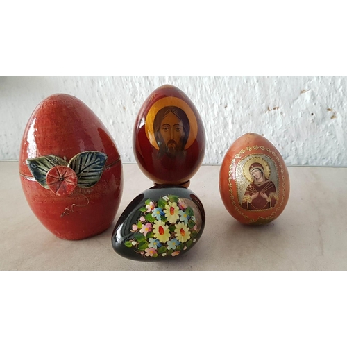 334 - Collection of 3 x Hand Made Wooden Decorative Eggs and One Other (Ceramic)