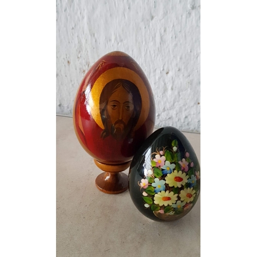 334 - Collection of 3 x Hand Made Wooden Decorative Eggs and One Other (Ceramic)