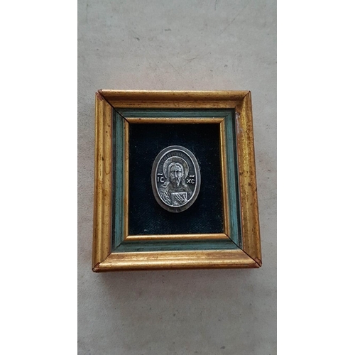 335 - Icon of Jesus Christ Mini Silver (830) (3.5cm x 25cm) in Wooden Frame (8.5cm x 7.5cm)