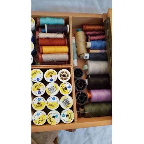 474 - Wooden Cantilever Sewing Bo with Collection of Cotton Reels