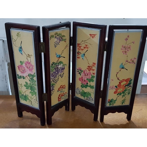 590 - Collection of Oriental Style Items; 4-Part Screen with Revolving Panels (H: 22cm), Together with Pic... 