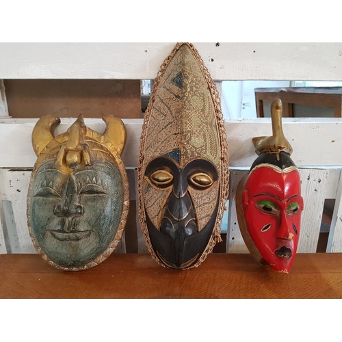 591 - Collection of Oriental Masks, Hand Craft Wood / Fabric / Jute (H:43cm, H:33cm and H:31cm)