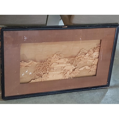 593 - Chinese Cork Carving Pictures with Oriental Scenes (81cm x 49cm)