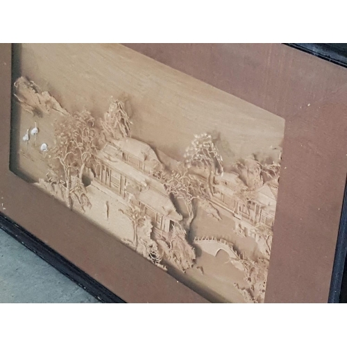 593 - Chinese Cork Carving Pictures with Oriental Scenes (81cm x 49cm)