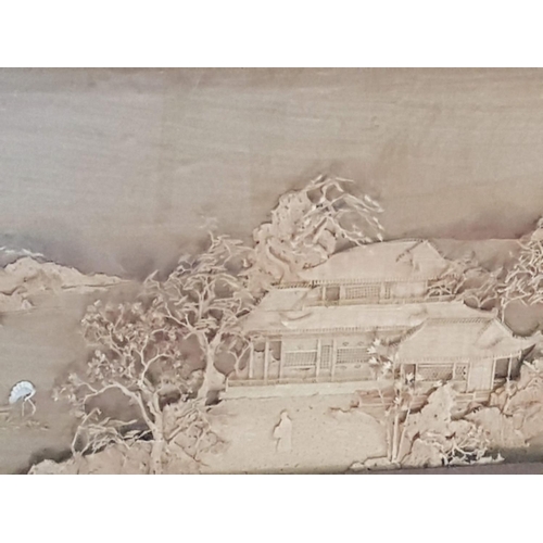 593 - Chinese Cork Carving Pictures with Oriental Scenes (81cm x 49cm)