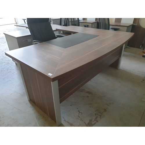 71 - Managers Desk; Bow Fronted Walnut Effect Office Desk with Inset Black Leatherette Writing Pad (199cm... 