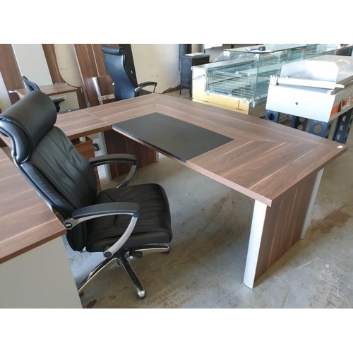 71 - Managers Desk; Bow Fronted Walnut Effect Office Desk with Inset Black Leatherette Writing Pad (199cm... 