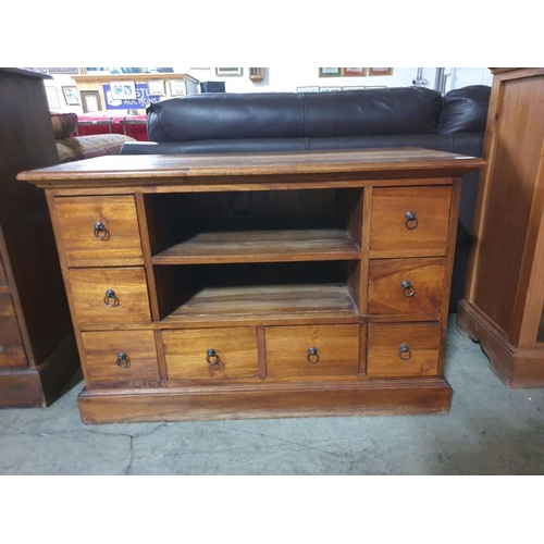 497 - Solid Wood TV Unit with 2 x Open Shelves and 8 x Drawers with Metal Handles (100 x 50 x 66cm)