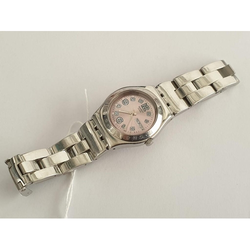 723 - Swatch Irony Ladies Watch, Stainless Steel with Pink Face, Date, Model SR6265W (Quartz, Un-Tested)