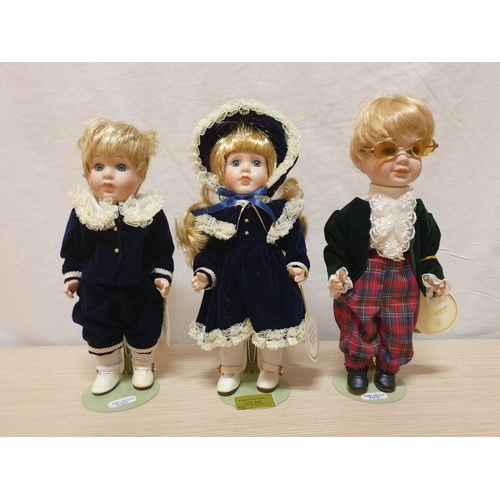 831 - 3 x Porcelain Dolls, 2 x Boys and 1 x Girl in Victorian Dress, Approx 28cm by Alberon Dolls, London ... 